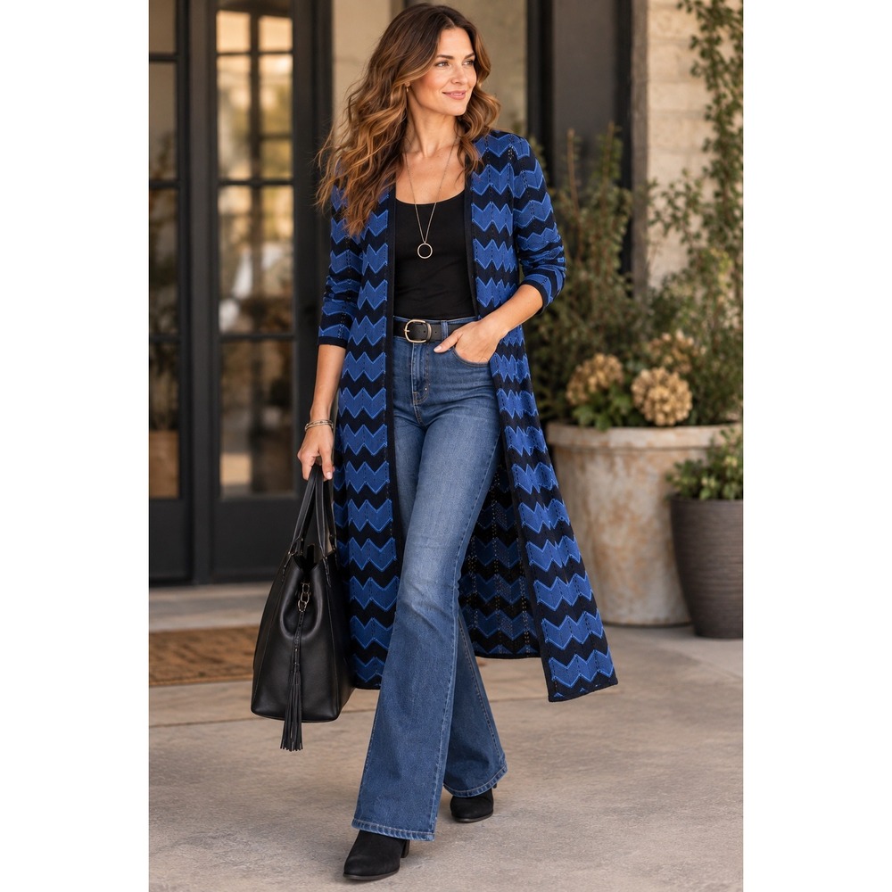 New Directions Blue Black Chevron Knit Longline Duster Cardigan Lg Open Front